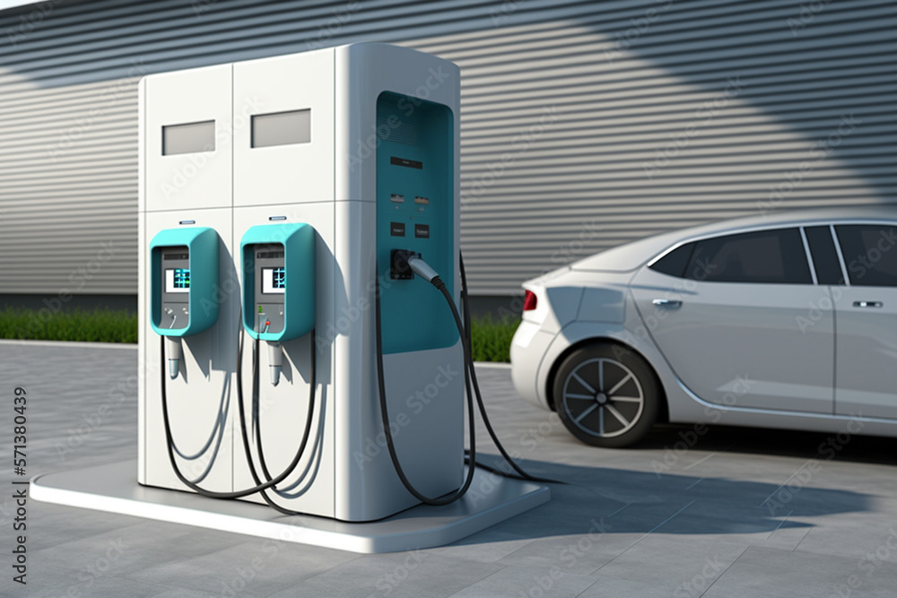 Electric car charging station design concept. Renewable green energy. Ai generated Electric car charging station design concept. Renewable green energy. Ai generated