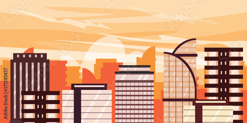 Vector illustration of a modern futuristic city. Cartoon cityscape with residential and office minimalist buildings and a background of morning sunrise.