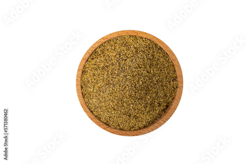 dried common chamomile flowers in latin - Matricaria chamomilla in wooden bowl isolated on white background. Medicinal herb.
