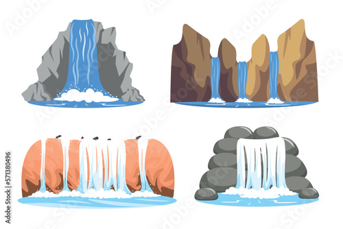 Set of various waterfalls in a cartoon style. Vector illustration of waterfalls flowing from mountain rocks. Falling water stream from river isolated on white background.