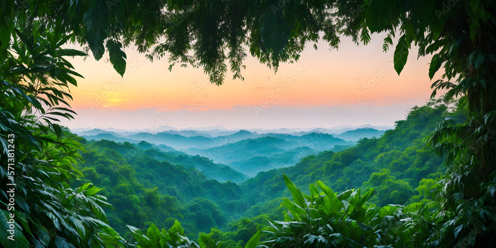 Fototapeta premium Wallpaper with a tropical landscape at sunrise. Jungle with mountains, palms, trees and other wild plants. Sky with clouds and rising sun. Rainforest illustration. Pristine nature. Generative AI
