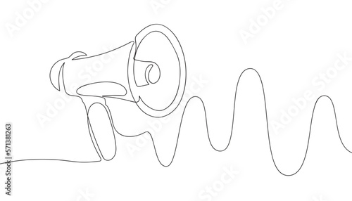 Horn public speaker continuous one line drawing. Megaphone announce as symbol of marketing promotion in simple linear style. Business concept for attention and job offer. Doodle vector illustration