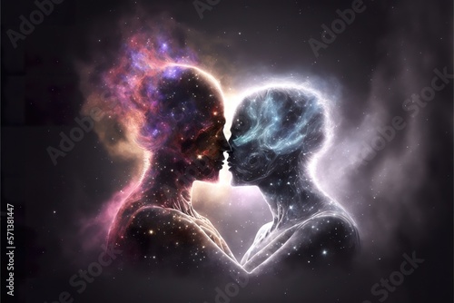 Two soulmates meet each other in space created with Generative AI 