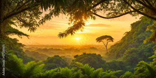 Fototapeta Naklejka Na Ścianę i Meble -  Wallpaper with a tropical landscape at sunset. Jungle with mountains, palms, trees and other wild plants. Sky with clouds and setting sun. Rainforest illustration. Pristine nature. Generative AI