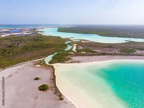 Aerial landscape of the pirate channel in Bacalar Quintana roo, Mexico. Lagoon of seven colors from the sky photo