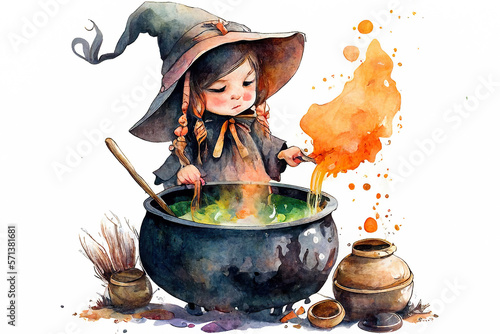 Cute little girl witch with cauldron watercolor, Generative AI photo