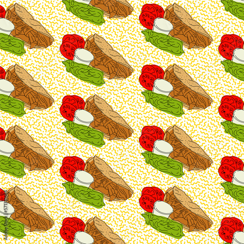 Shawarma Kebab pattern fast food. Seamless pattern. Concept of doner kebab, street food, barbecue, cuisine. Vintage design template, banner. Fresh vegetables. Vector hand drawn sketch illustration.