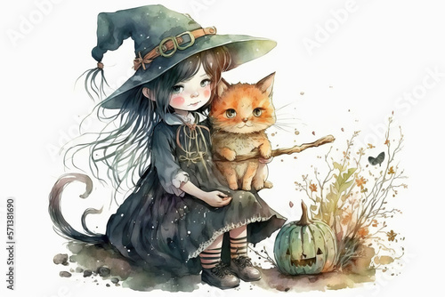Little girl witch sitting with cat and pumpkin watercolor, Generative AI Fototapet