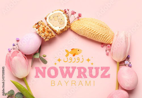 Greeting card for Novruz Bayram with flowers, eggs and sweets photo