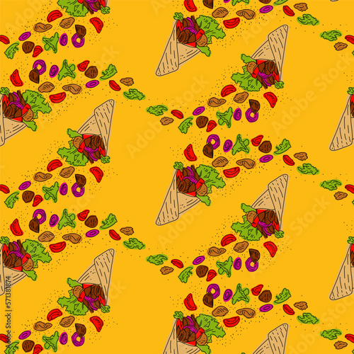 Shawarma Kebab pattern fast food. Seamless pattern. Concept of doner kebab, street food, barbecue, cuisine. Vintage design template, banner. Fresh vegetables. Vector hand drawn sketch illustration.