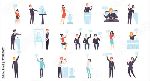 Auction people selling and buying things set. Auctioneer announcing price and buyers bidding at auction flat vector illustration © topvectors
