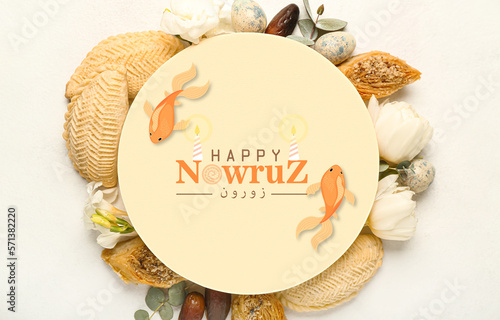 Greeting card for Novruz Bayram with flowers, eggs and sweets on light background photo