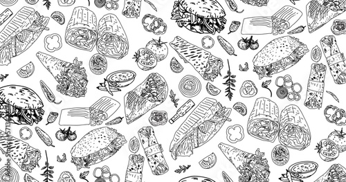 Shawarma Kebab pattern fast food. Seamless pattern. Concept of doner kebab, street food, barbecue, cuisine. Vintage design template, banner. Fresh vegetables. Vector hand drawn sketch illustration.