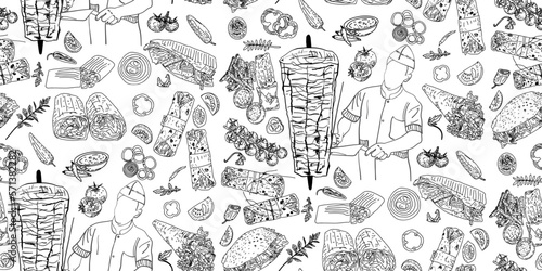 Shawarma Kebab pattern fast food. Seamless pattern. Concept of doner kebab, street food, barbecue, cuisine. Vintage design template, banner. Fresh vegetables. Vector hand drawn sketch illustration.