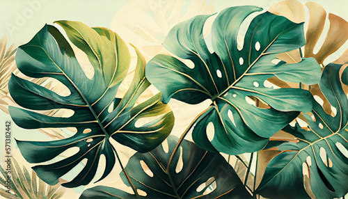 Monstera leaves drawing on beige background. Generative AI