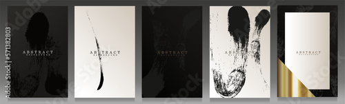 Elegant black and white cover set. Wavy, modern abstract paint strokes: brochures, invitations, menus and backgrounds in minimalist style.