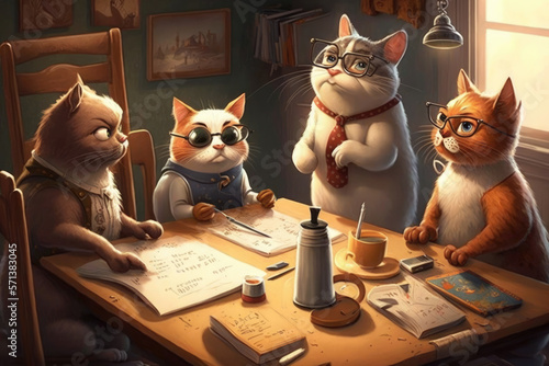 The Feline Forum: A Cartoon Table Meeting with Cats