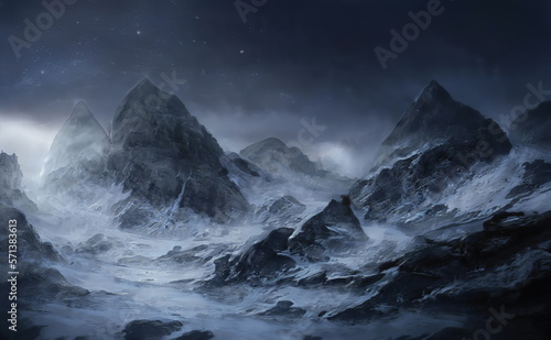 Fantastic Winter Epic Landscape of Mountains. Celtic Medieval forest. Frozen nature. Glacier in the mountains. Mystic Valley. Artwork sketch. Gaming RPG background. Game asset. Generative Ai