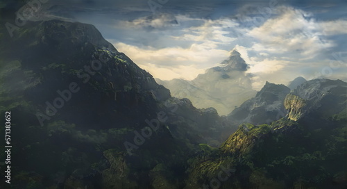Fantastic Epic Magical Landscape of Mountains. Summer nature. Mystic Valley, tundra, forest, hills. Game assets. Celtic Medieval RPG gaming background. Rocks and grass. Generative AI