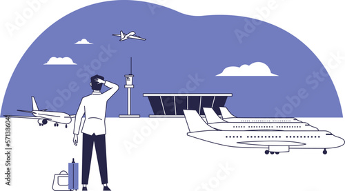 An upset man who missed the plane is standing at the airport.