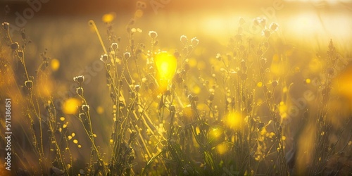 Abstract field landscape of yellow flowers and grass at sunrise or sunset during the warm golden hour. Close up of calm spring and summer nature with a background of a blurred forest. Beautiful nature