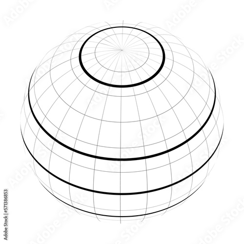 Earth planet globe grid of meridians and parallels, or latitude and longitude. Thick marked Equator, Tropic of Cancer, Tropic of Capricorn, Arctic Circle and Antarctic Circle. Vector illustration