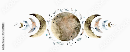 Vector abstract watercolor illustration of a composition of full moons and crescents surrounded by stars, feathers and plants in a boho style. For posters, prints and other decorations.