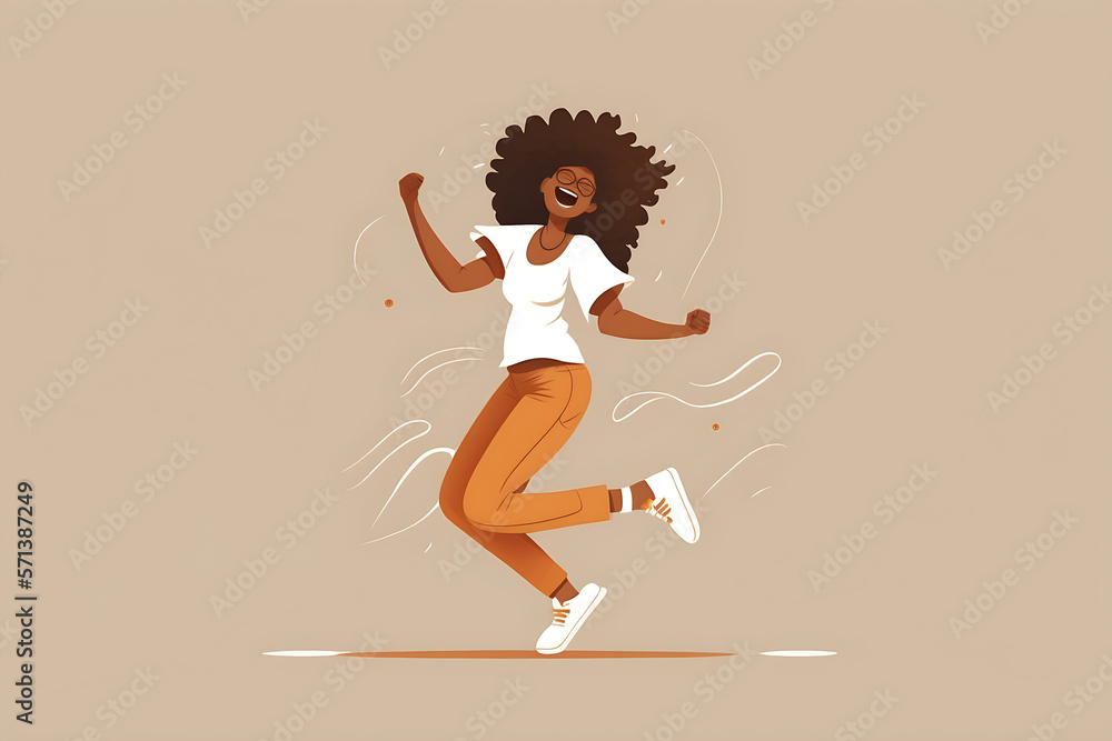Flat vector illustration Young happy hipster african american teenager having fun isolated on light beige background. Smiling cool ethnic z generation teen student model dancing and...   - obrazy, fototapety, plakaty 