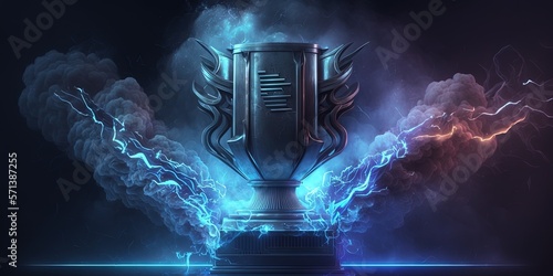 Fototapete Cyberpunk trophy with smoke on a dark blue futuristic background for an illustration of an e sport champion concept,