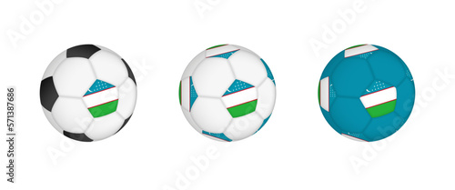 Collection football ball with the Uzbekistan flag. Soccer equipment mockup with flag in three distinct configurations.