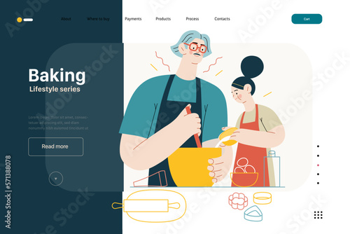 Lifestyle web template -Baking -modern flat vector illustration of a man and a girl wearing aprons making dough baking cookies. The girl is pouring some milk into mixture. People activities concept