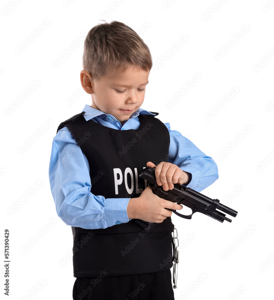 Funny little police officer with gun on white background Funny little police officer with gun on white background