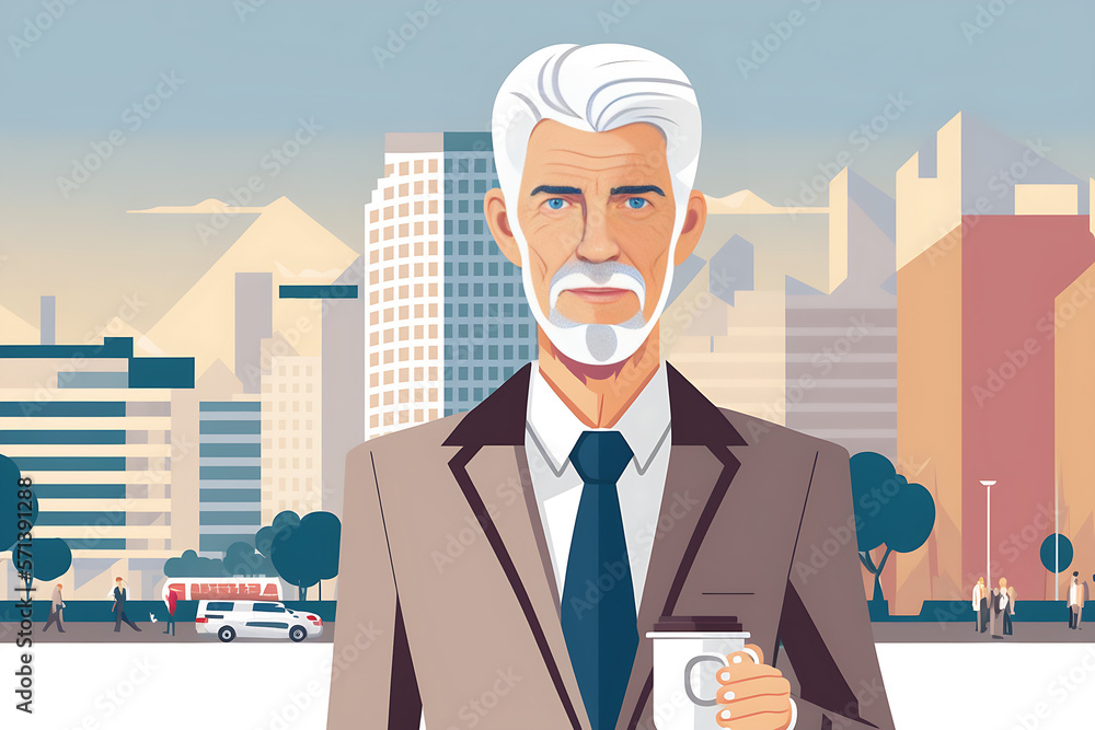 Flat vector illustration Confident mature senior wealthy successful white haired businessman leader, happy middle age senior professional businessman holding coffee and looking at camera standing outd Flat vector illustration Confident mature senior wealthy successful white haired businessman leader, happy middle age senior professional businessman holding coffee and looking at camera standing outd