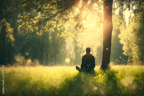 Relax and unwind in nature with a peaceful meadow scene. A person sits on a blanket, surrounded by tall trees, feeling content and at peace. Generative AI
