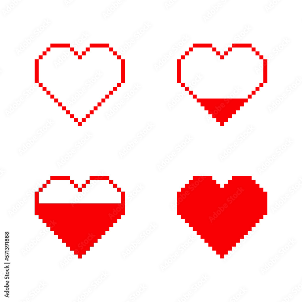 Fototapeta premium Red pixel hearts on white background.