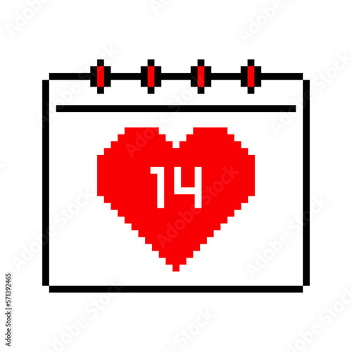 Valentine's day pixel calendar icon vector with heart and number 14 