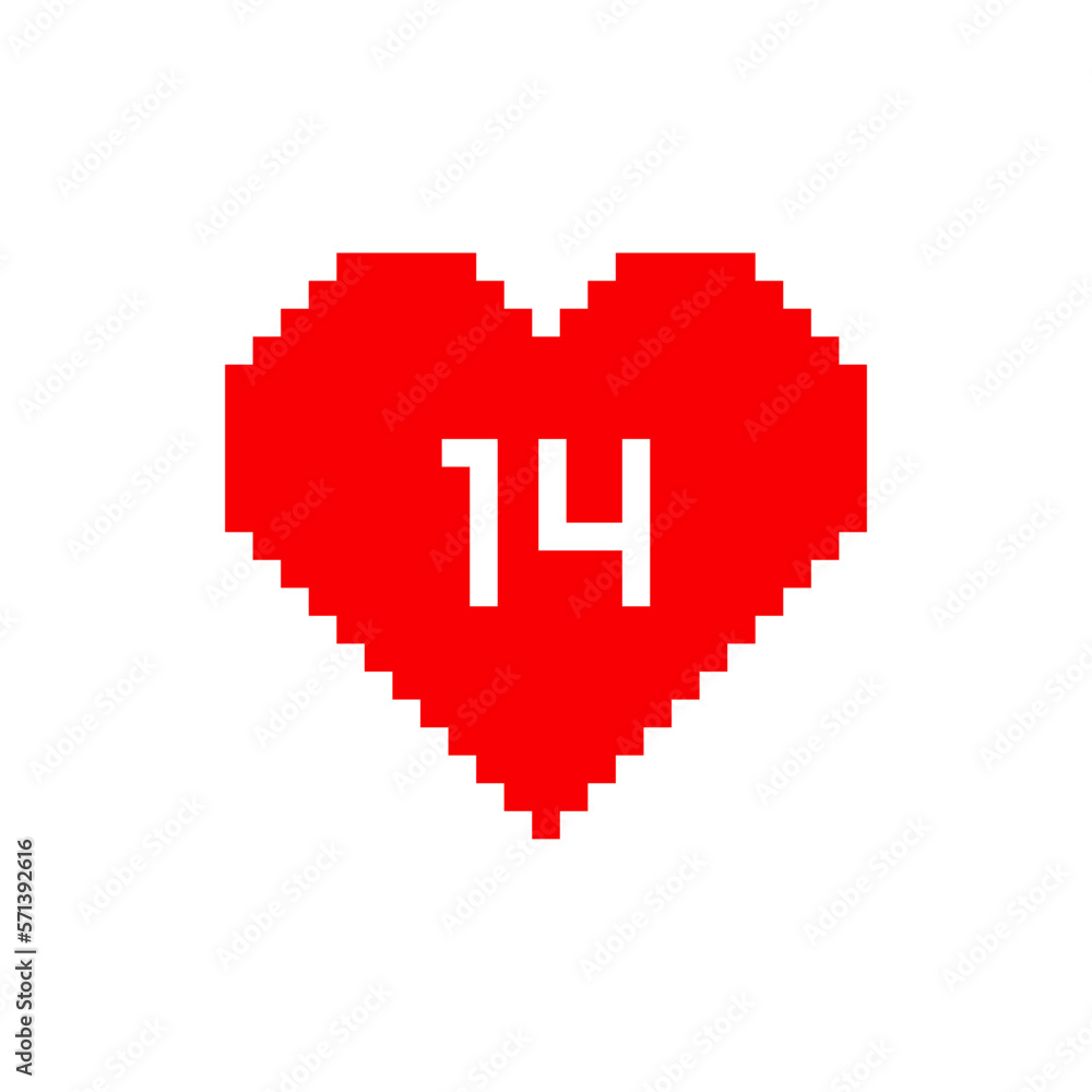 Obraz premium Valentines day pixel heart icon with number 14. Isolated on white background vector sign