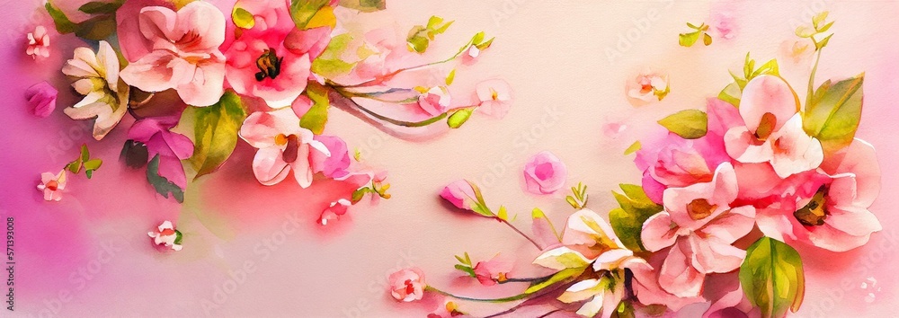  spring beautiful flowers on pink background, watercolor style AI Generated