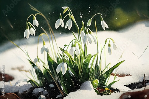  Snowdrop flowers blooming in winter, watercolor style AI Generated
