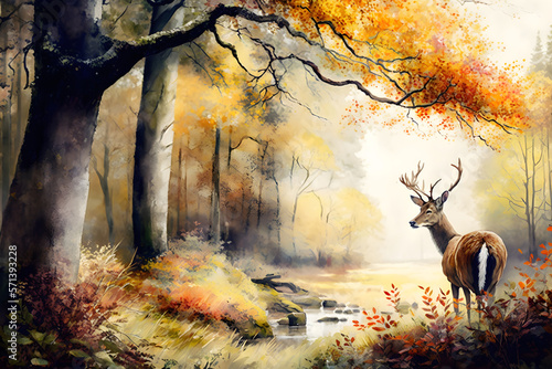 Digital watercolor painting European forest in autumn with trees and wildflowers with deer in a landscape - 2