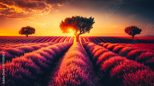 Lavender flowers blooming fields at sunset