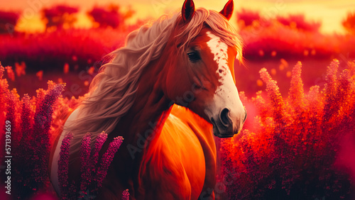 Red horse with long mane on summer pink flowers