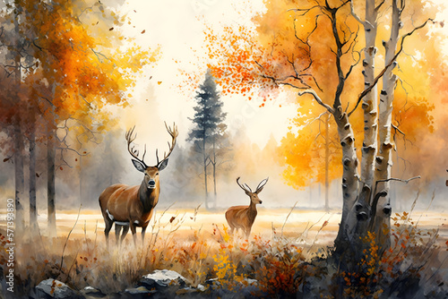 Digital watercolor painting European forest in autumn with trees and wildflowers with deer in a landscape - 3