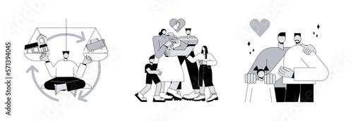 Happy family abstract concept vector illustration set. Balancing work and family, parental responsibility, caring adoptive fathers, social roles, foster care, time management abstract metaphor.