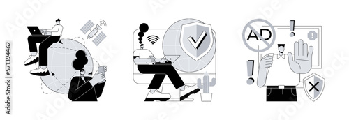 Network access abstract concept vector illustration set. Global web connection, VPN access, Ad blocking software, remote proxy server, web browser, IT technology, plug-in extension abstract metaphor.