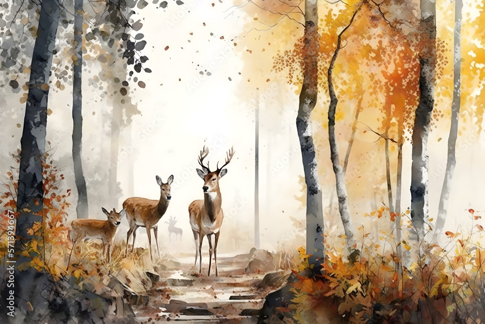 Digital watercolor painting European forest in autumn with trees and wildflowers with deer in a landscape - 5