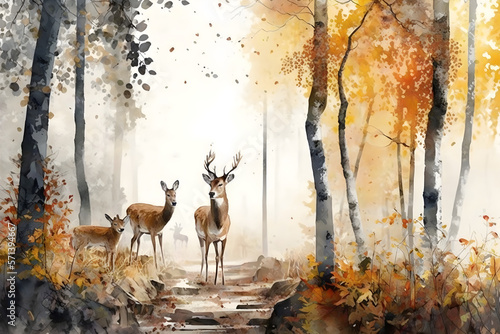 Digital watercolor painting European forest in autumn with trees and wildflowers with deer in a landscape - 5