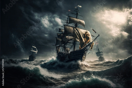 17th Century Battleships in Stormy Seas