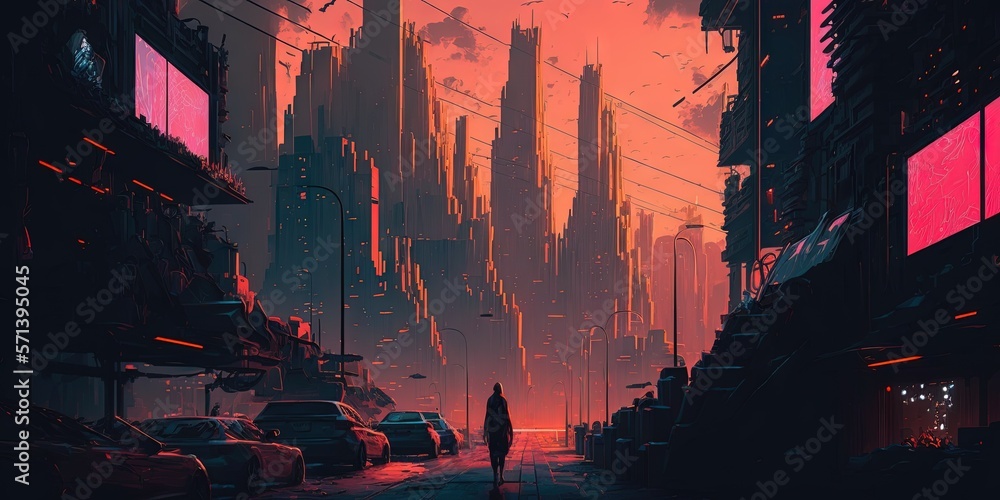 painted futuristic cityscape in the cyberpunk aesthetic. Generative AI painted futuristic cityscape in the cyberpunk aesthetic. Generative AI