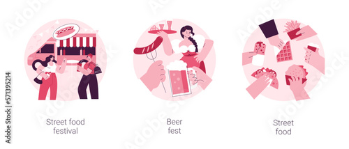 Local food event abstract concept vector illustration set. Street food festival, beer fest, truck service, chef prepare meals, international menu, street brewing, art and music abstract metaphor.